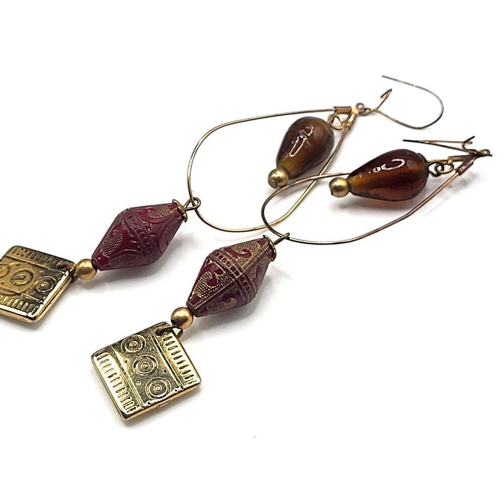 Vintage 90s Brown Blown Glass Bohemian Dangle Earrings 4.25in